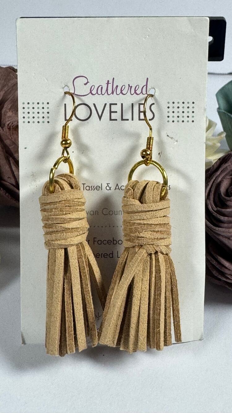 Leathered Lovelies Tan Suede Tassel Fringe Earrings Gold Tone Boho Western